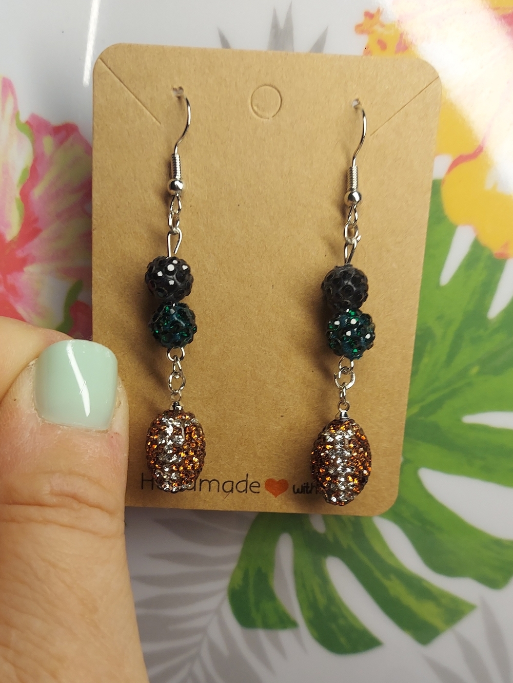 Handmade Green/Black Football Earrings.  NY Jets Or Philedelphia Eagles Colors